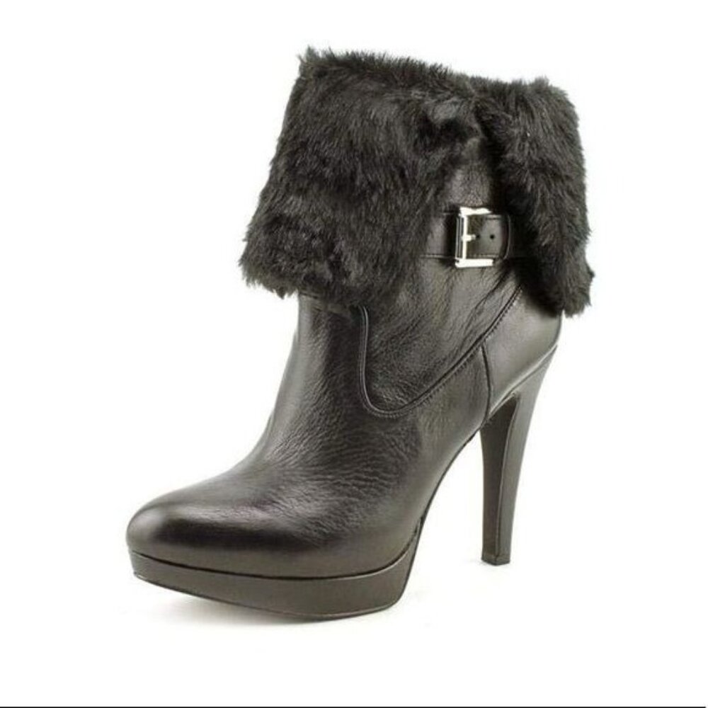 INC International Concepts Leather Faux Fur Black High Heel Ankle Boots Size 9.5